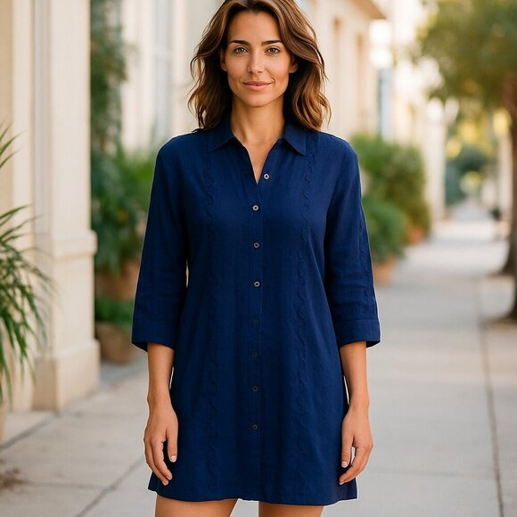 LAUNDRY by Shelli Segal Blue Embroidered Collared Long Sleeve Shirt Dress Size 2 - Picture 1 of 12